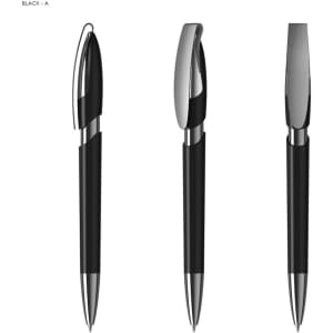 A set of three black plastic pens, featuring sleek designs and silver accents, with a branded logo on each.
