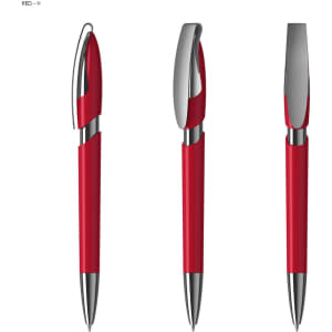 A red plastic pen with silver accents and a sleek design, featuring three different angles.
