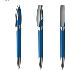 A plastic pen with a blue and silver design, displaying three different angles and featuring a logo.