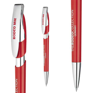 A plastic pen in red with a chrome clip and a brand logo displayed on the barrel.
