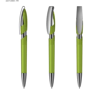 A light green plastic pen with a silver clip and trim, featuring a transparent barrel and cap.