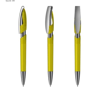 A transparent yellow plastic pen with a silver clip and accents, featuring a logo on the body.