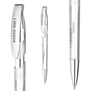 A sleek, transparent plastic pen in white with silver accents and a logo on the barrel.