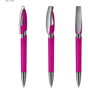 A pink plastic pen with a shiny silver clip and tip, featuring a transparent design.