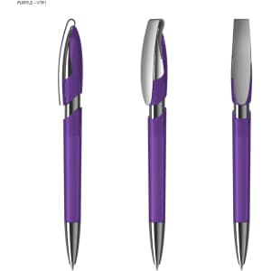 A transparent plastic pen in purple with a metallic clip and trim, featuring three different angles.
