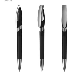 A set of black plastic pens with sleek silver accents and varying clip designs, featuring a branding logo on one side.