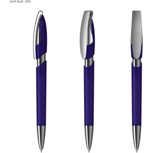 A transparent dark blue plastic pen with a silver clip and accents, showing three different angles.