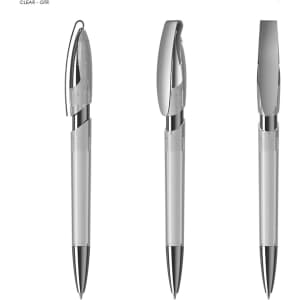 A transparent plastic pen with a metallic clip and tip, showcasing a sleek design in clear and chrome colours.