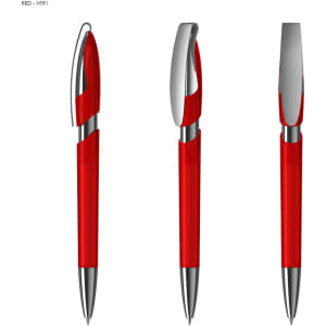 A transparent red plastic pen with silver accents, showcased from three different angles.