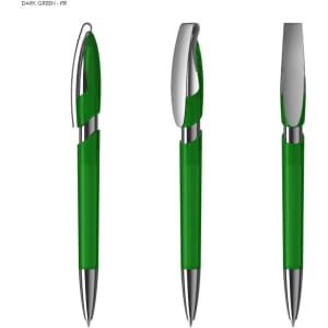 A transparent dark green plastic pen with a silver clip and accents, featuring a sleek design.