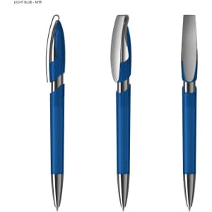 A light blue plastic pen with a silver clip and accents, featuring a sleek design and a logo.
