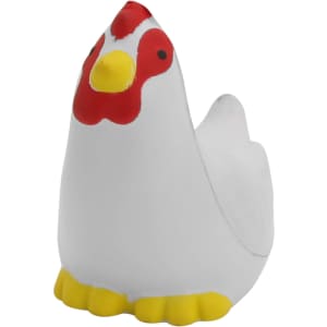 A white stress chicken with a red comb and yellow feet, featuring a simple design. It has a branding logo.
