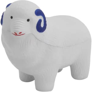 A white stress sheep with blue accents, shaped like a ram, designed for fun and relaxation.