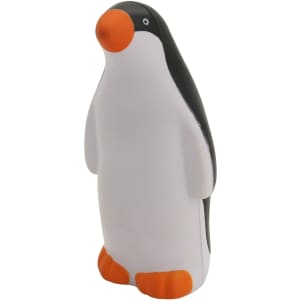 A stress relief toy shaped like a penguin, featuring a black and white body with orange accents on the beak and feet.
