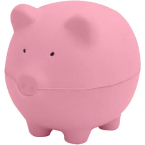 A pink pig-shaped stress toy with a matte finish and small black eyes, designed for stress relief.