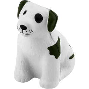 A white and green stress dog figurine, designed in a playful, sitting position. Features a friendly expression and a smooth texture.