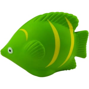 A green stress toy in the shape of a tropical fish with yellow stripes and a small eye. It has a smooth surface and a playful design.