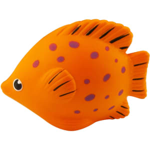 An orange stress fish with purple spots and black stripes, featuring a simple cartoonish design.