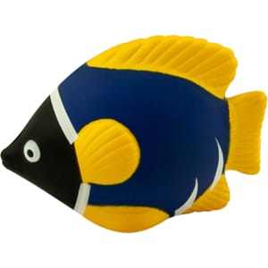 A stress-relief toy in the shape of a tropical fish, featuring blue, yellow, and black colours. The toy has a textured surface.