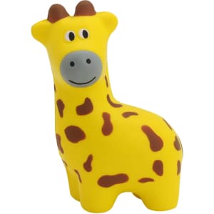 A cheerful yellow giraffe stress toy with brown spots and a smiling face, featuring a simple design and a logo.