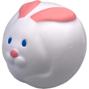 A round white stress toy designed as a rabbit, featuring pink ears, blue eyes, and a pink nose.