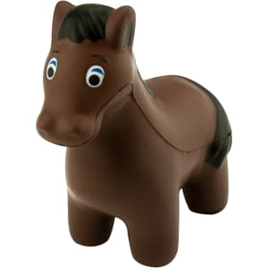 A brown stress horse with a black mane, featuring friendly blue eyes and a simplistic design. It has a logo on its side.