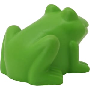 A green stress relief frog with a smooth, matte finish, designed for fun and relaxation. It has a simple, rounded shape.