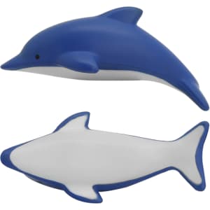 A blue and white stress dolphin toy with a smooth surface and a curved shape, featuring a small eye.