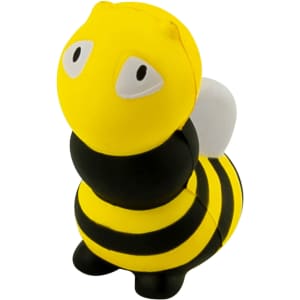 A yellow and black bee-shaped stress toy with a round head and wings, featuring large expressive eyes.