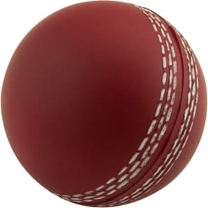 A red stress cricket ball with white stitching, designed for fun and relaxation. Features a logo.