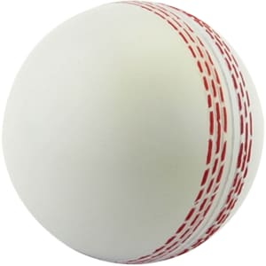 A white stress cricket ball with red stitching, designed for stress relief and relaxation. It features a logo.