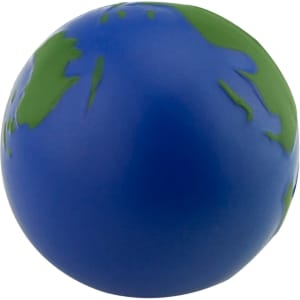 A blue and green stress ball shaped like Earth, featuring a smooth surface and a small logo.