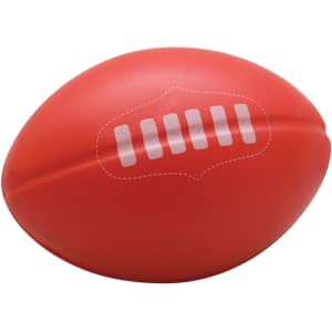 A red stress ball shaped like a football with white detailing and a logo on one side.