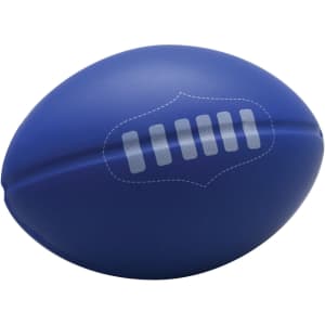 A blue stress football with a smooth surface and a logo on it, designed for stress relief and fun.