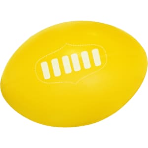 A yellow stress football with a white logo design on the surface.
