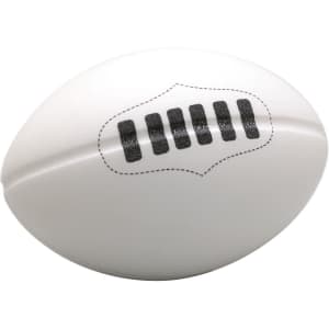 A white stress footy with black detailing and a logo on its surface, ideal for stress relief and fun.