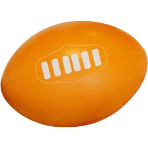 An orange stress ball shaped like a rugby ball, featuring a white logo on its surface.