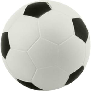 A large stress soccer ball in white with black pentagonal and hexagonal panels, featuring a logo.