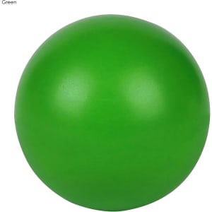 A green stress ball with a smooth, shiny surface and a round shape. It features a logo.