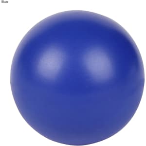 A blue stress ball with a smooth surface. It has a logo on it but is otherwise plain.