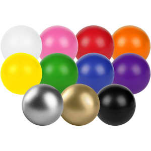 A collection of ten stress balls in various colours, including pink, yellow, green, blue, red, and black. Some have a shiny finish.