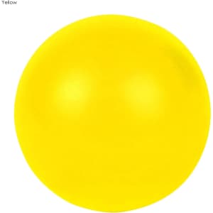 A yellow stress ball with a smooth surface and rounded shape. It features a logo on its surface.