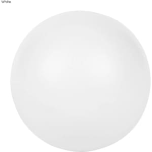 A white stress ball with a smooth surface and a rounded shape. It features a logo on its surface.