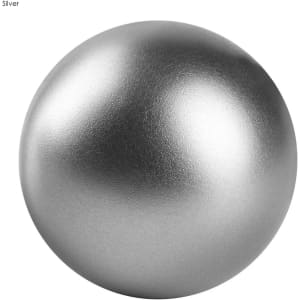 A shiny silver stress ball with a smooth metallic finish, featuring a logo.