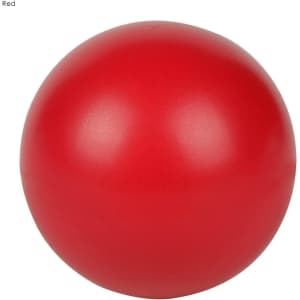 A red stress ball with a smooth, glossy finish and a round shape. The product features a logo.