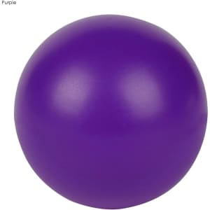 A purple stress ball with a smooth surface, round shape, and a simple design featuring a logo.