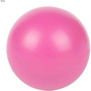 A pink stress ball featuring a smooth, rounded surface and a glossy finish. It has a branding logo.