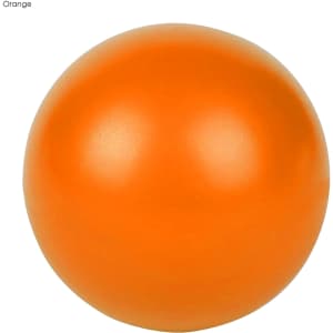 An orange stress ball with a smooth, glossy surface. It features a logo.