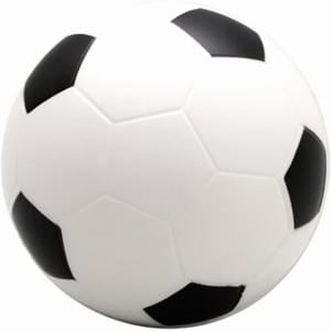 A small white stress soccer ball with black hexagonal patches and a branding logo.
