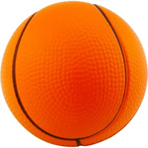An orange stress ball shaped like a basketball, featuring textured surface and black lines. It has a logo visible.